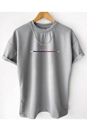Men'S Gray Chest Slim Stripe Paris Printed Oversize Crew Neck T-Shirt