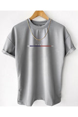 Men's Gray Chest Slim Stripe Paris Printed Oversize Crew Neck T-Shirt