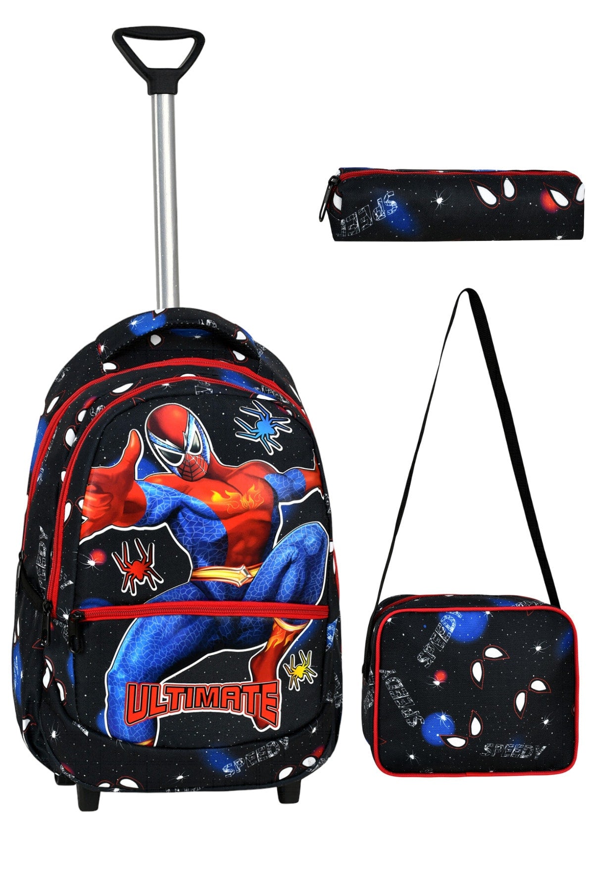 3 Pcs School Set with Squeegee, Spiderman Pattern Primary School Bag Lunch Box Pen Holder