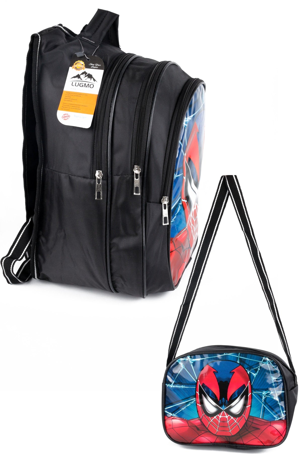 Middle School Primary School Bag and Lunch Box 3 Pockets Padded Spider Head Black