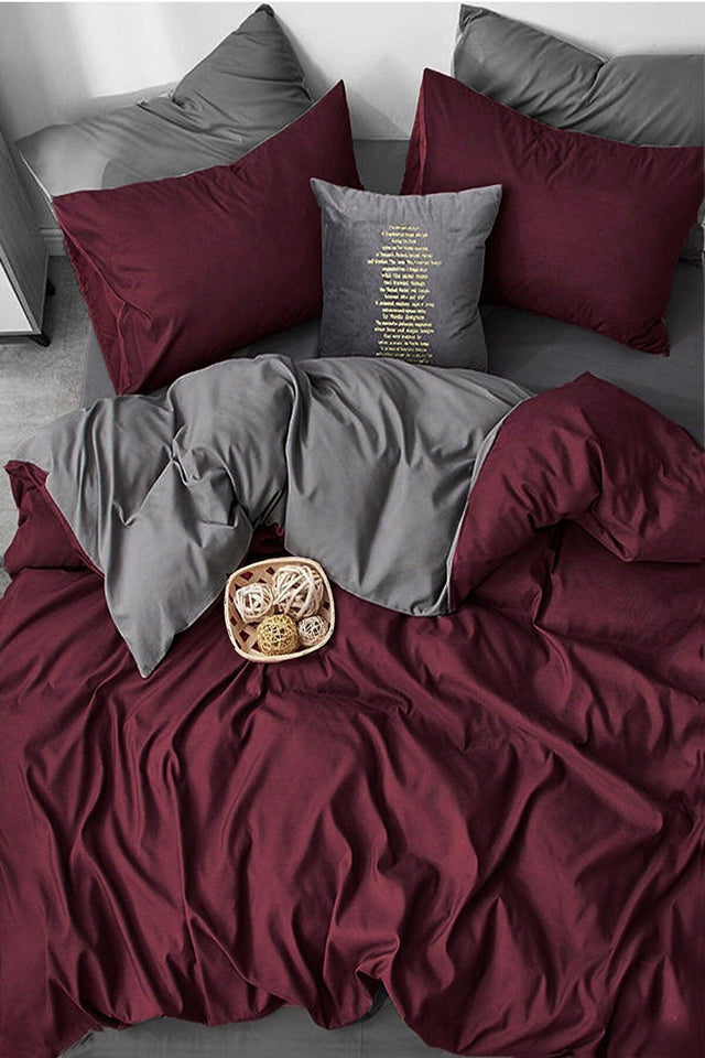 Duvet Cover Set with Elastic Linen Double Claret Red-gray - Swordslife