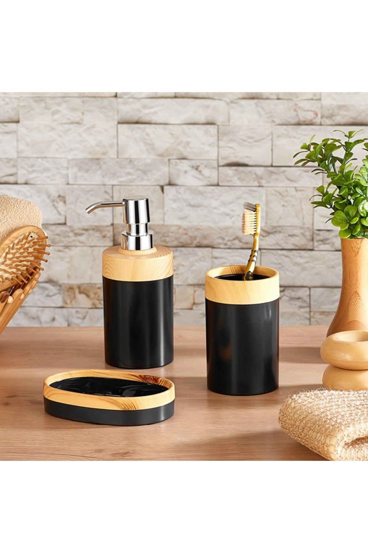 Limpia Bamboo Patterned Set of 3 Bathroom Set Liquid Soap Dispenser Liquid Soap Dispenser Solid Soap Dispenser Black - Swordslife