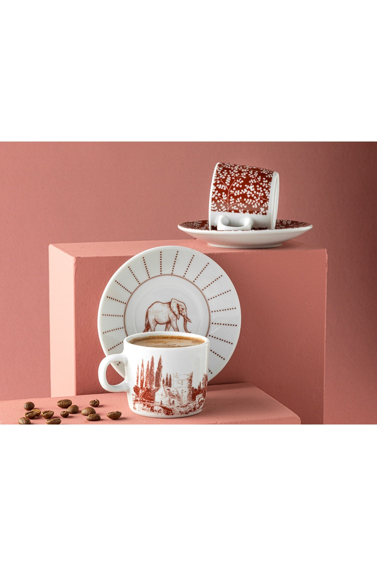 Elephant Porcelain Set of 2 Coffee Cups 80 Ml Claret Red