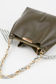Khakifarbene Damen-Hand-, Arm- und Schultertasche aus weichem Leder mit 3 Fächern und Schalkette