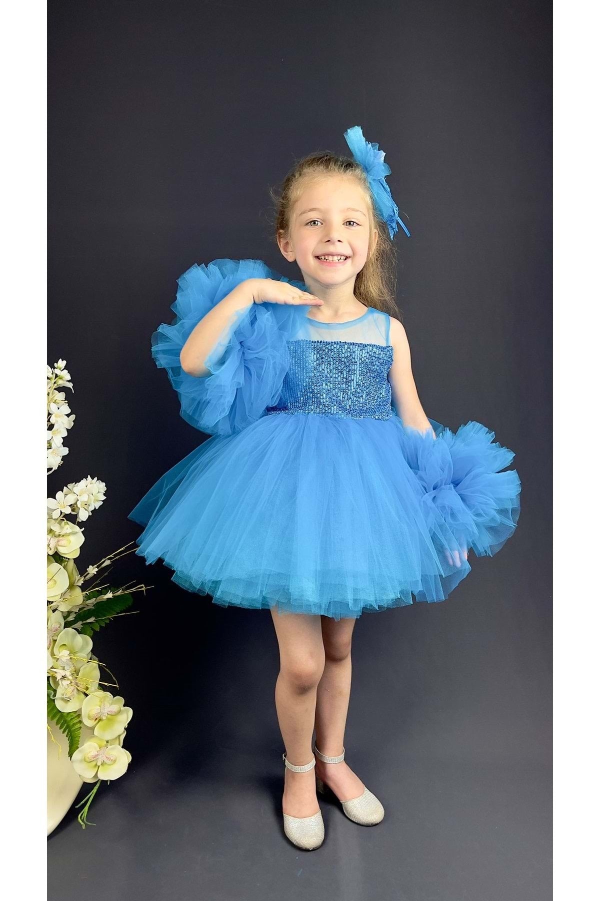 Chiffon Robe Pompom Sleeve Sequined Girls Fluffy Skirt Tulle Evening Dress Blue