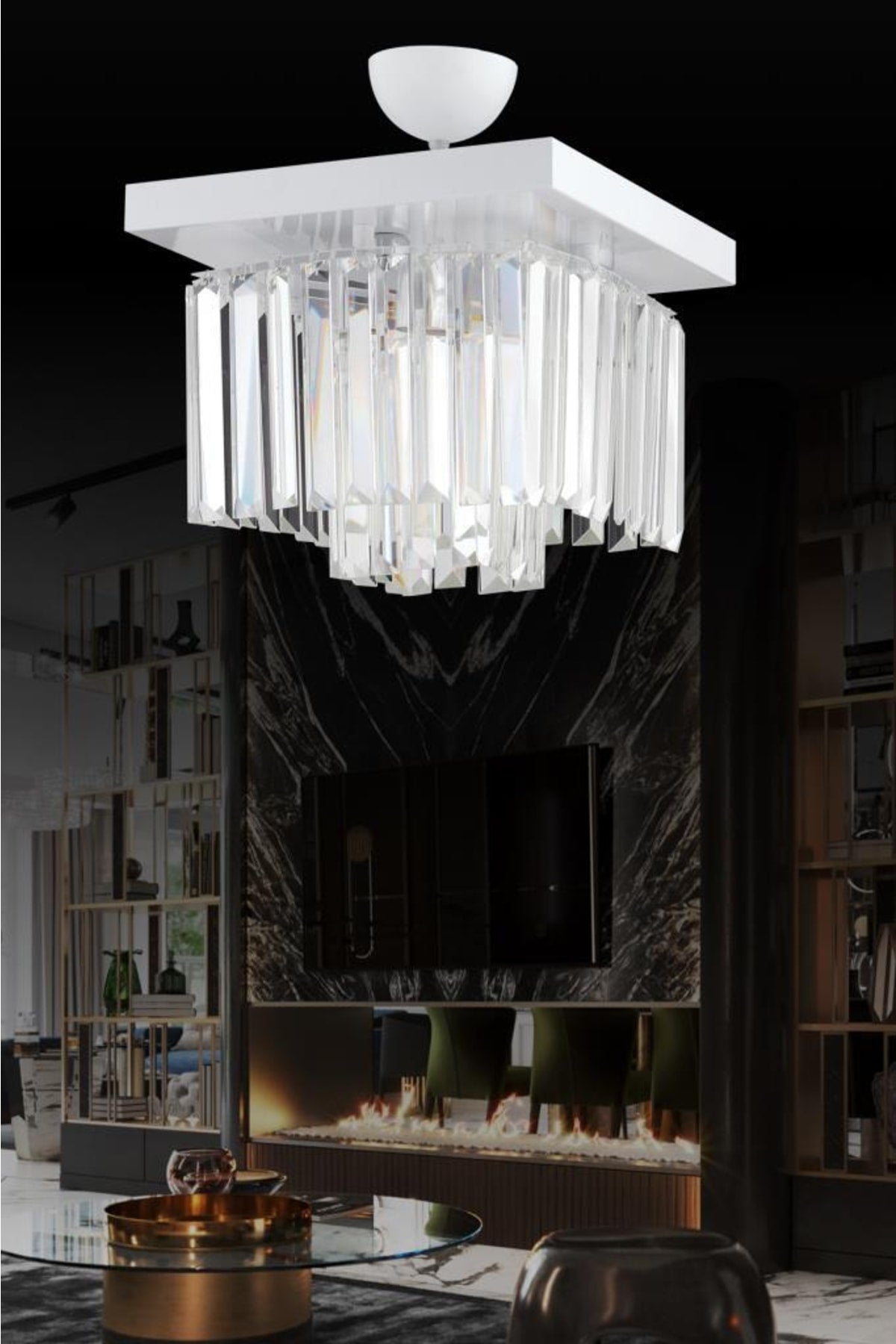 Yasemin 30 Cm Square White Crystal Stone Chandelier