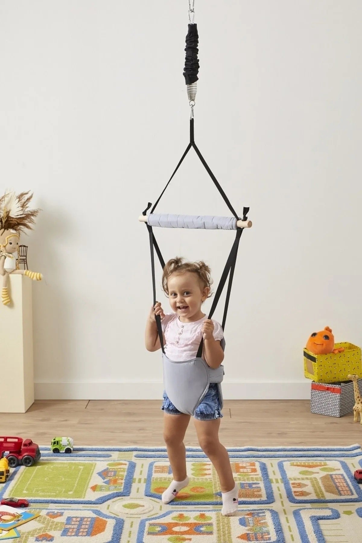 Hoppala Bouncer Kangaroo, Balance Baby Walker mit Feder Naturholz Grau