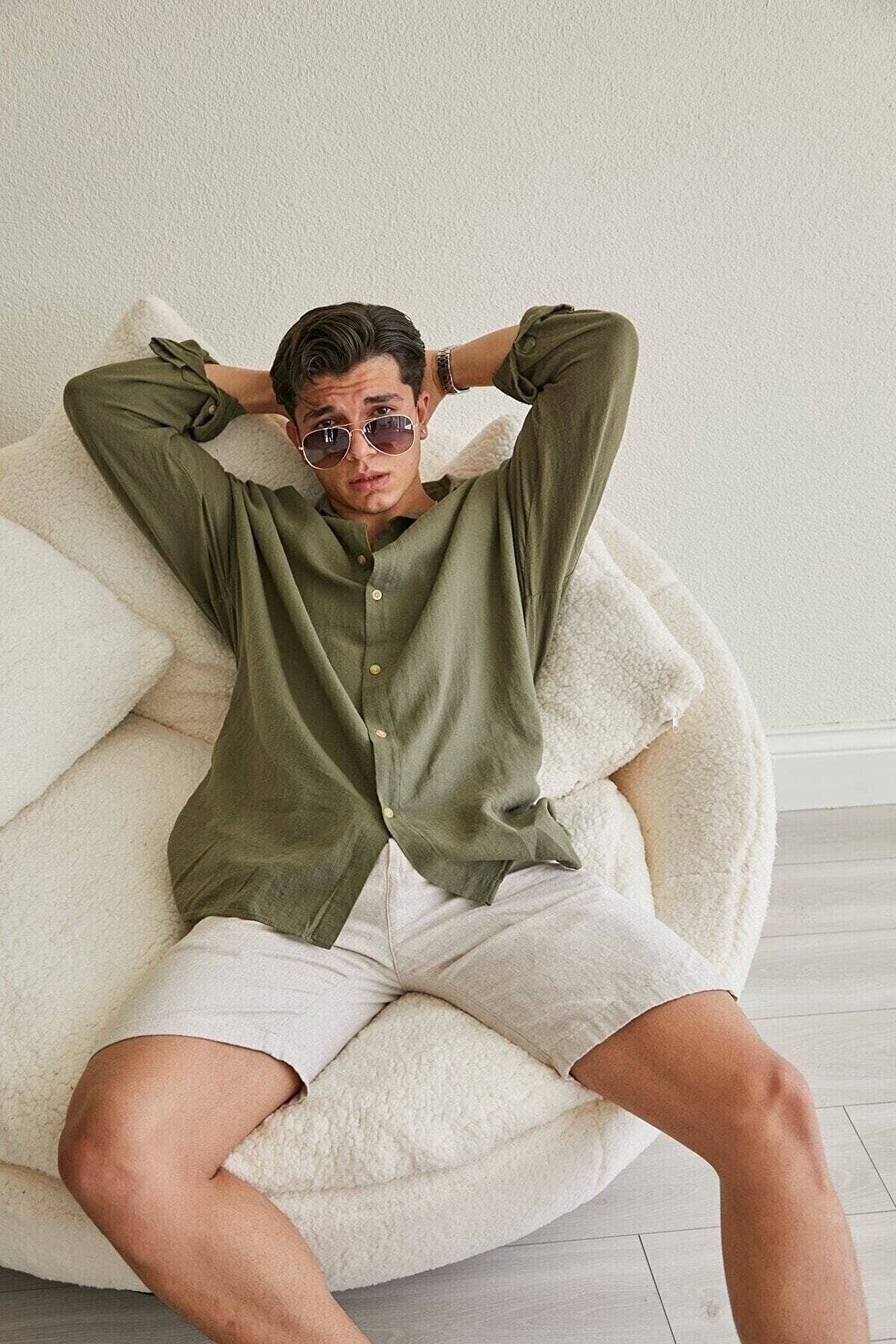 Textured Oversize Shirt Khaki 70171009 Shirt