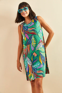 Green patterned backless viscose midi dress