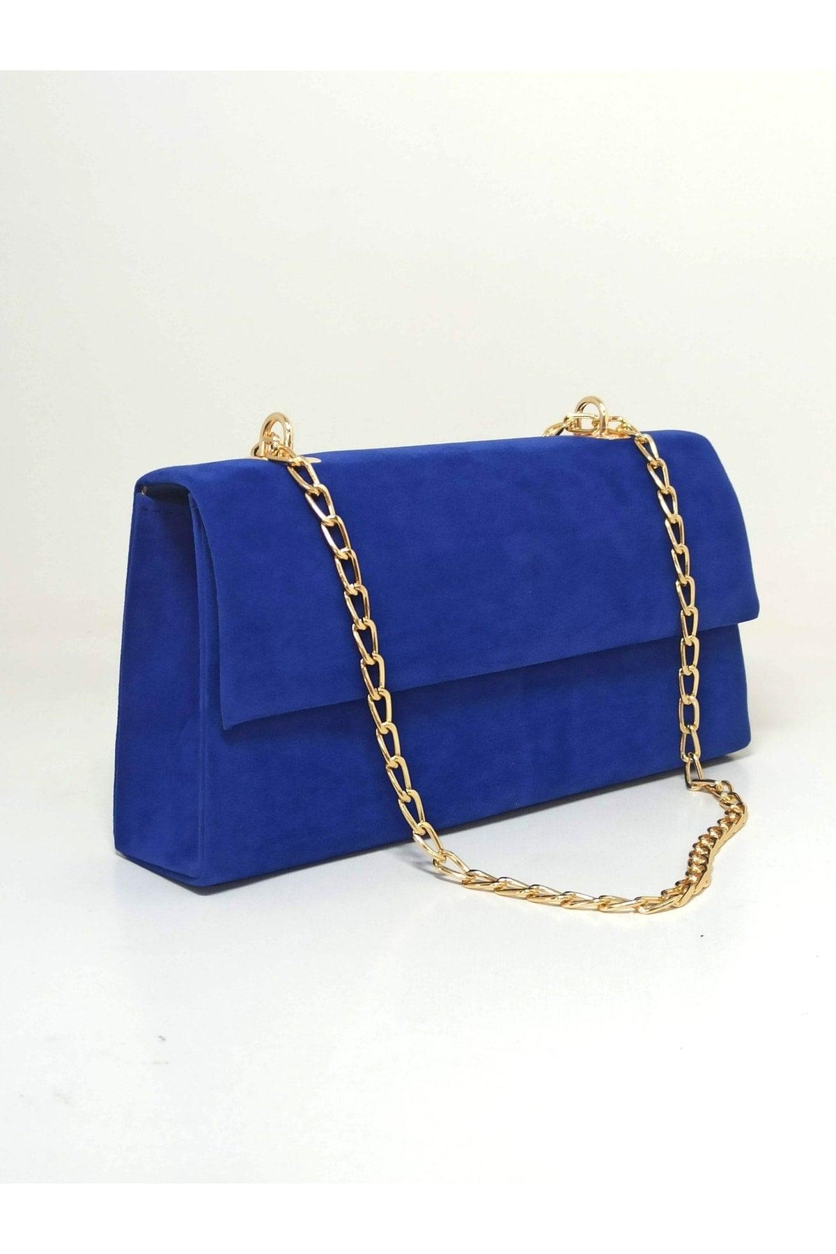 Women's Sax Blue Suede Chain Strap Bag - Swordslife