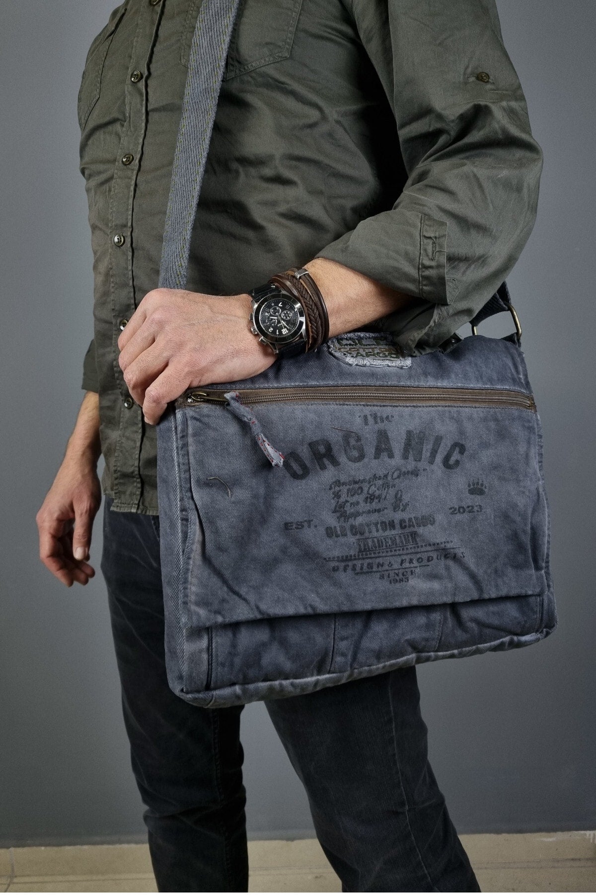 Shabby Canvas Shoulder Messenger Gray Laptop School Travel Daily Vintage Cotton Fabric Bag