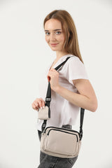 Cream U4 Canvas Women's Cross Shoulder Bag With 2 Compartments And Wallet With Adjustable Strap B:17 E:22 G:12