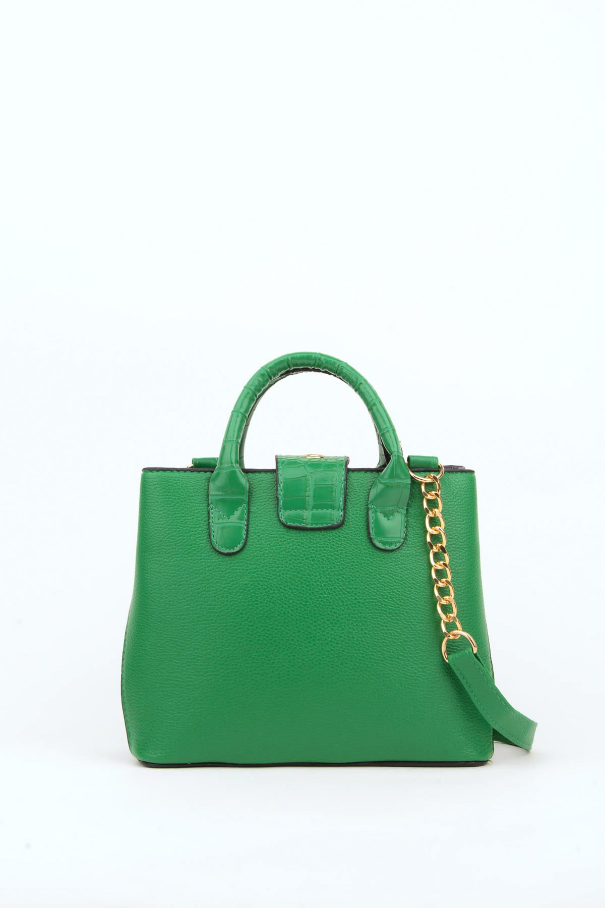Grüne Hand- und Schultertasche für Damen mit Kroko-Griff, 2 Fächern, Druckknopf-Reißverschluss und Riemen