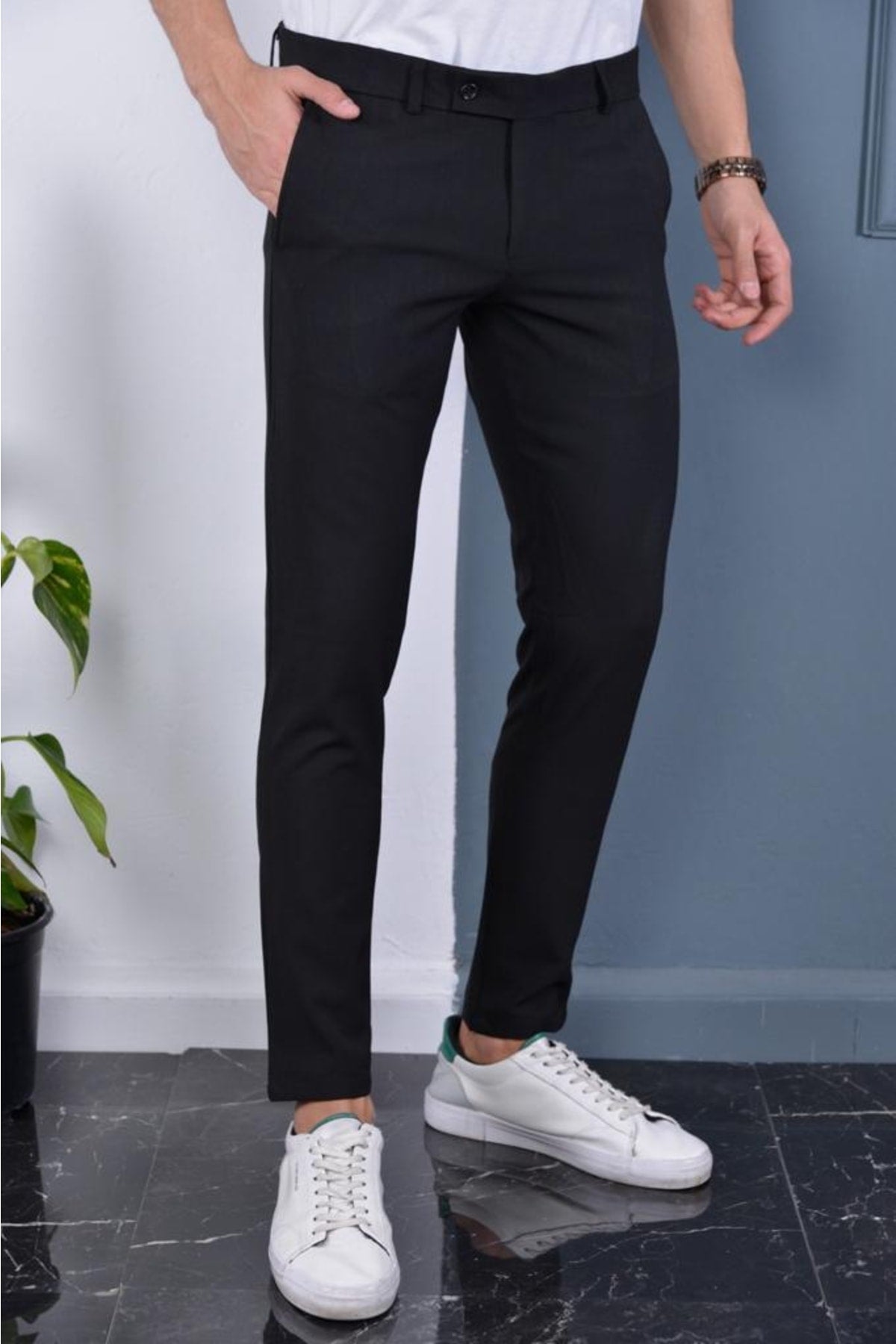 Men's Black Color Italian Cut Quality Flexible Lycra Ankle Length Fabric Trousers