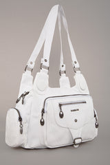 Women's White Wash Leather Multi-Section Shoulder And Hand Bag