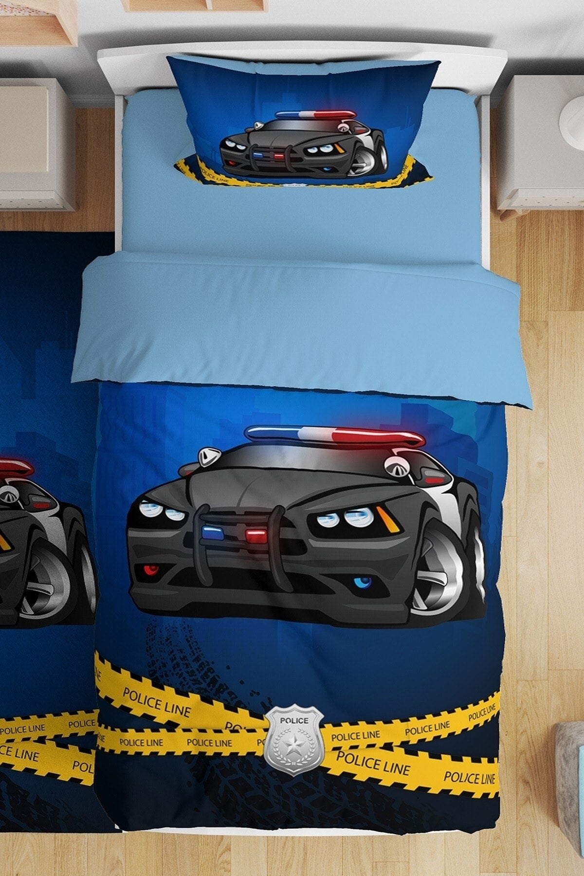 Blue Police Car Patterned Single Baby Child Duvet Cover Set