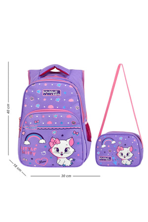 Lizenzierter Grundschulrucksack und Brotdose mit lila Katzenmuster