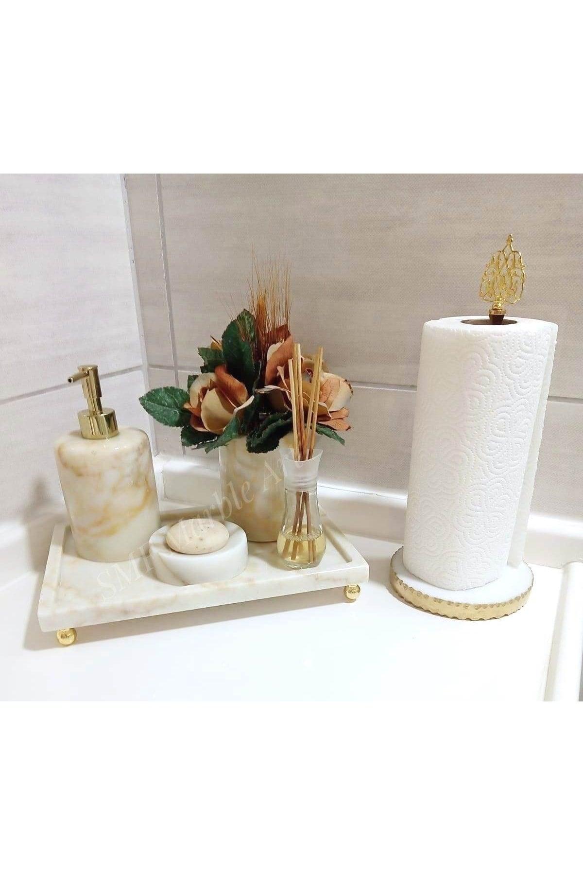 Light Sugar - Natural Marble Bathroom Set | With One Piece Tray | Gold Top Stand | Gold Towel Holder | 6s - Swordslife