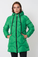 Women's Green Hooded Cord Detailed Down Jacket - Swordslife