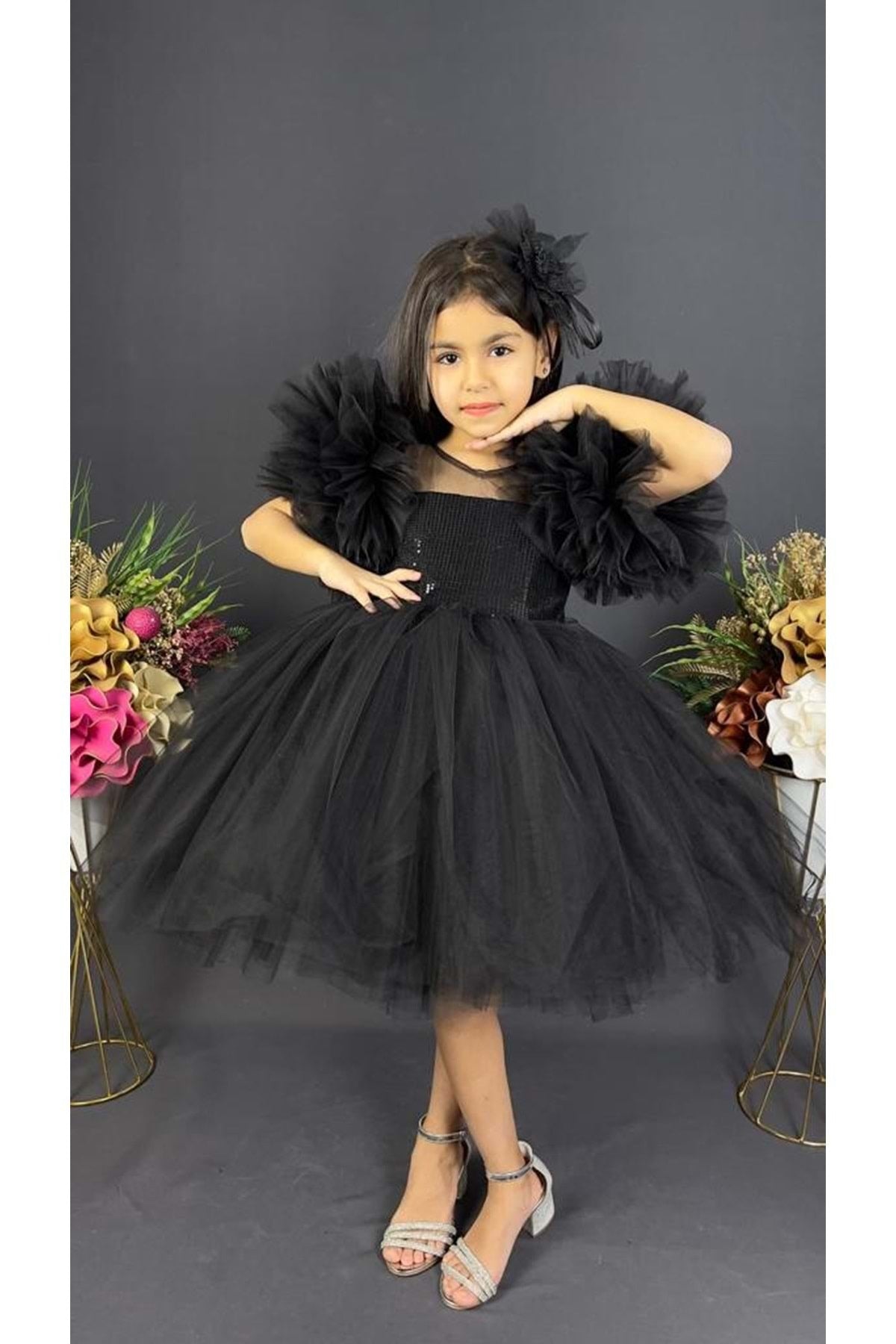 Chiffon Robe Pompom Sleeve Sequined Girls Fluffy Skirt Tulle Evening Dress Black