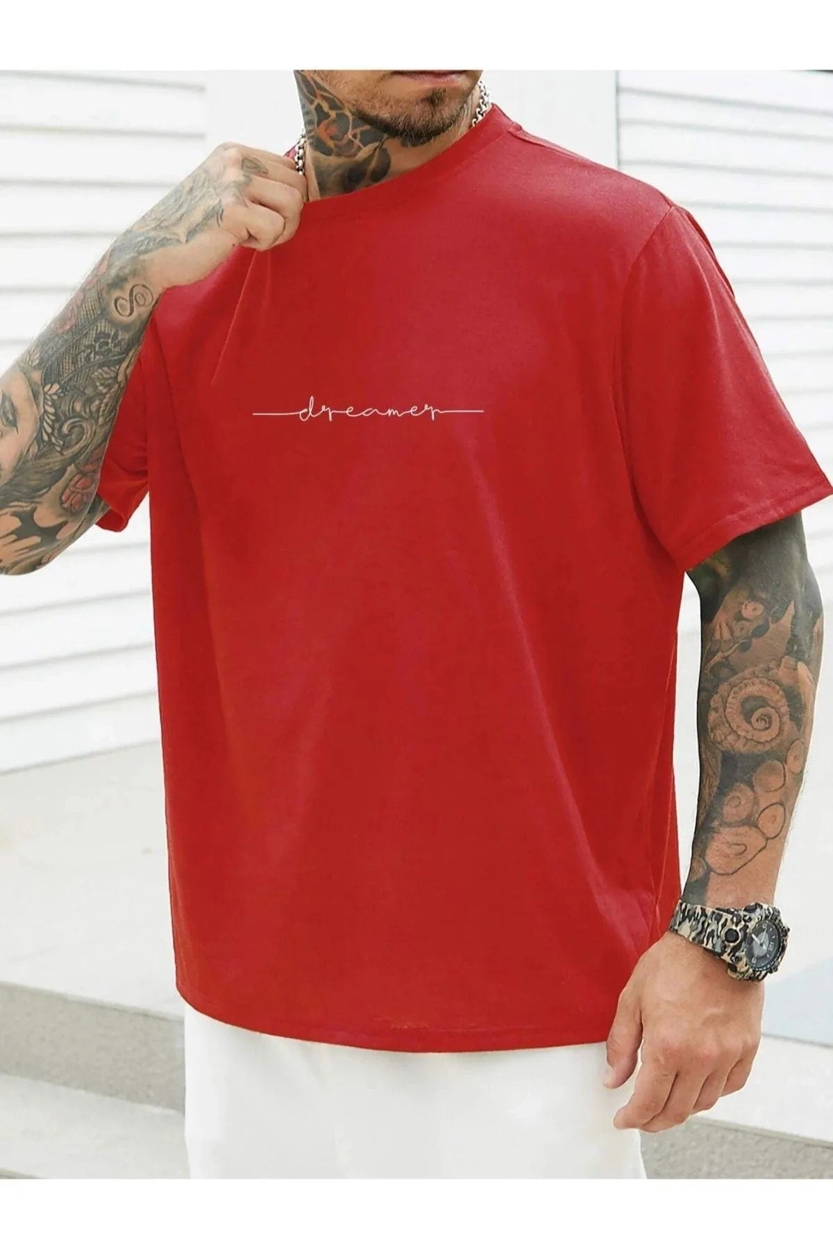 Black Sokak Men'S Red Dreamer Printed Oversize Crew Neck Tshirt