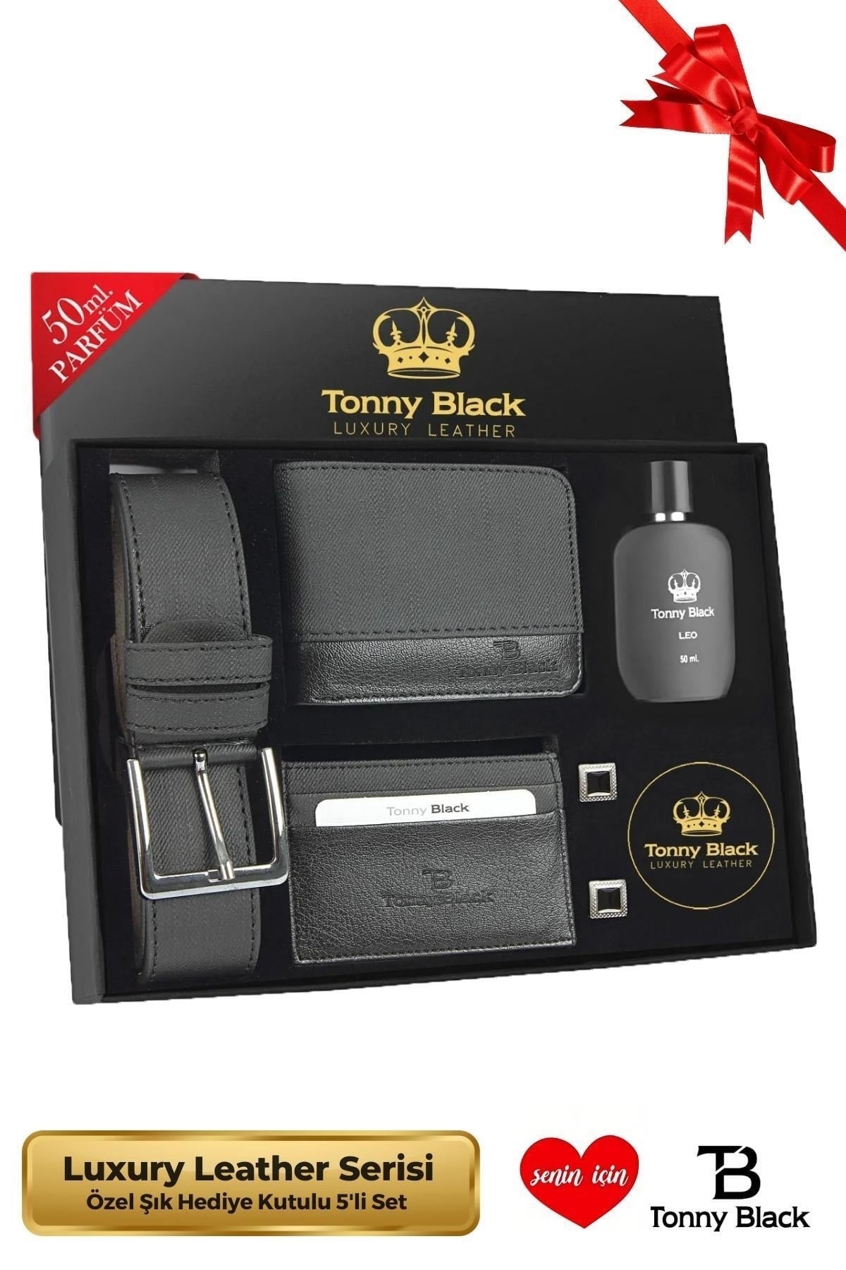 Original Men's 5 Pieces Luxury Series Leather Belt Wallet Card Holder Cufflinks Perfume Set with Gift Box