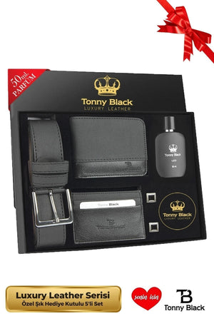 Original Men'S 5 Pieces Luxury Series Leather Belt Wallet Card Holder Cufflinks Perfume Set With Gift Box
