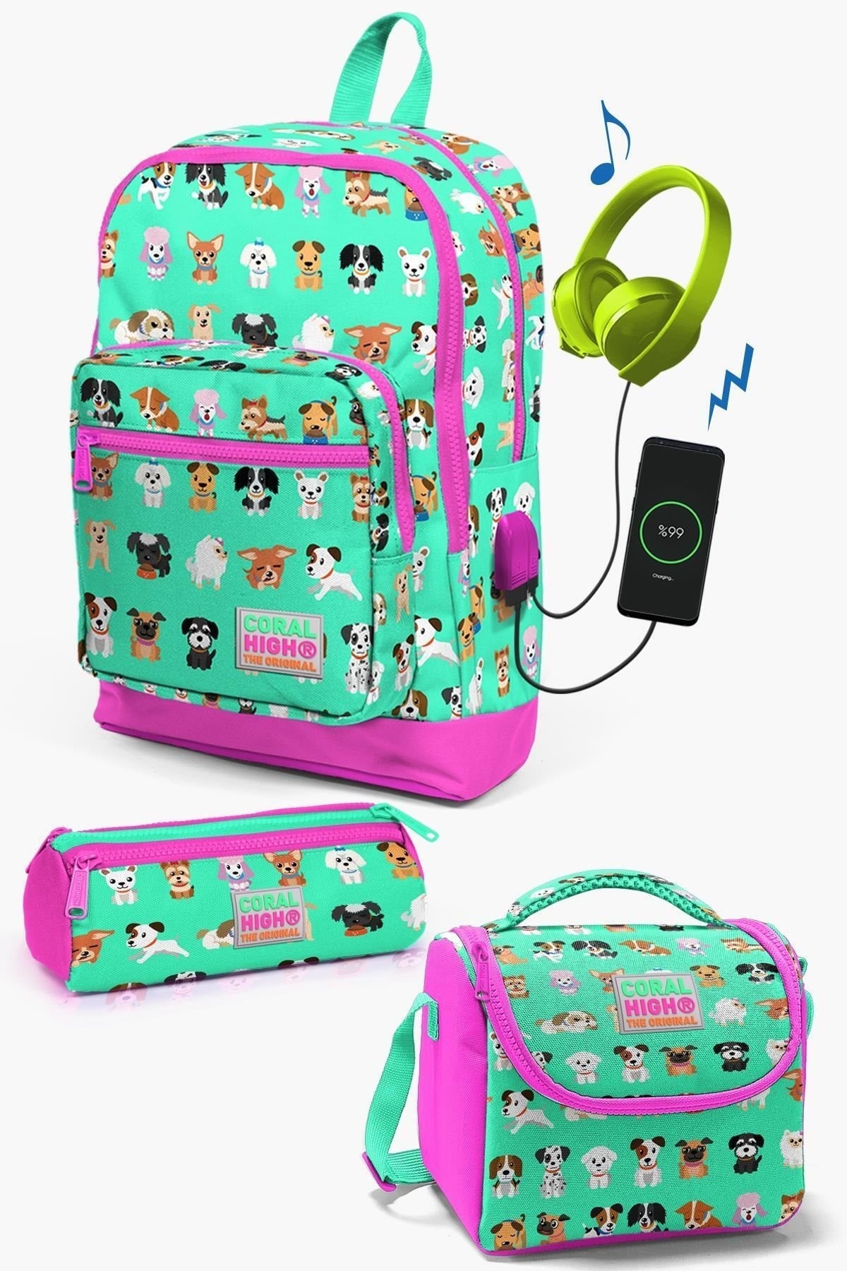 Kinder Wassergrün Neonpink Hundemuster USB 3-teiliges Schulranzen-Set Set0123266
