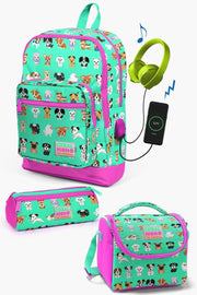 Kinder Wassergrün Neonpink Hundemuster USB 3-teiliges Schulranzen-Set Set0123266