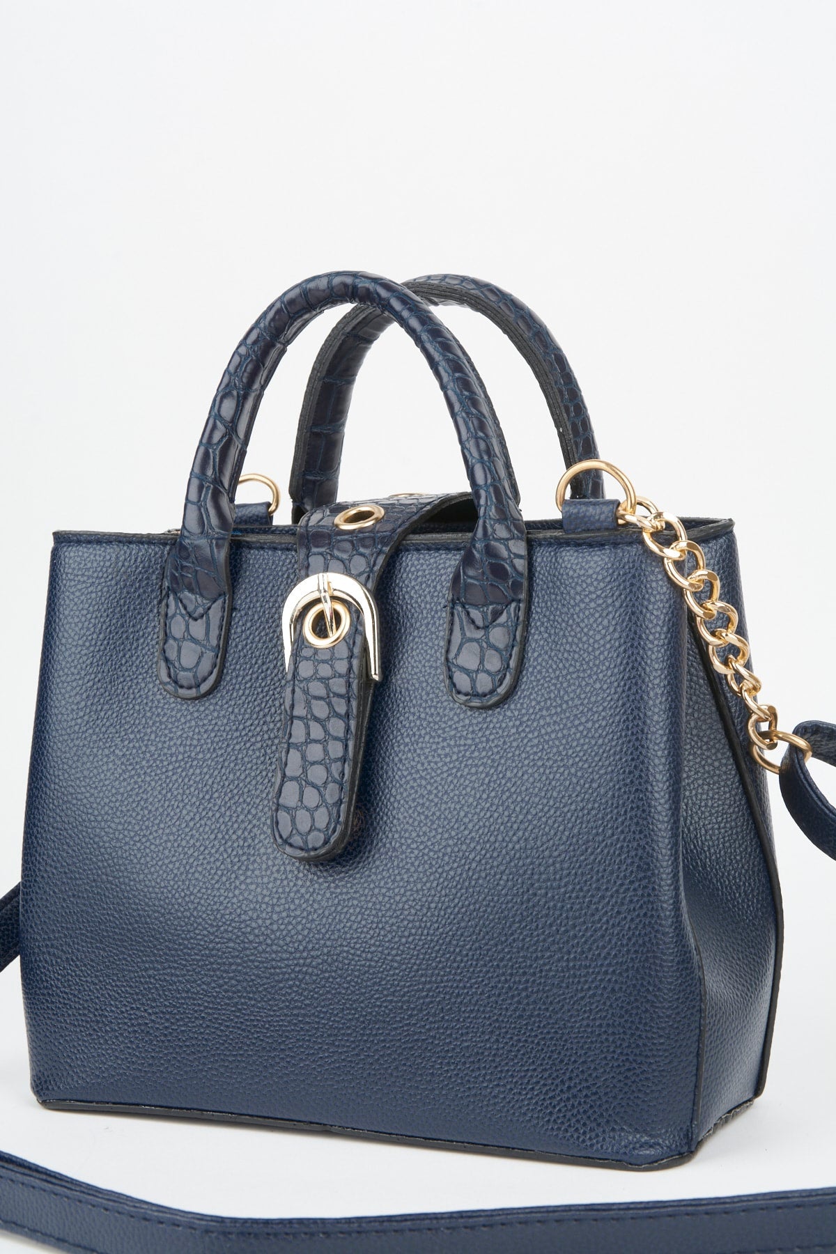 Damen-Hand- und Schultertasche mit Kroko-Griff, 2 Fächern, Druckknopf-Reißverschluss und Riemen in Marineblau