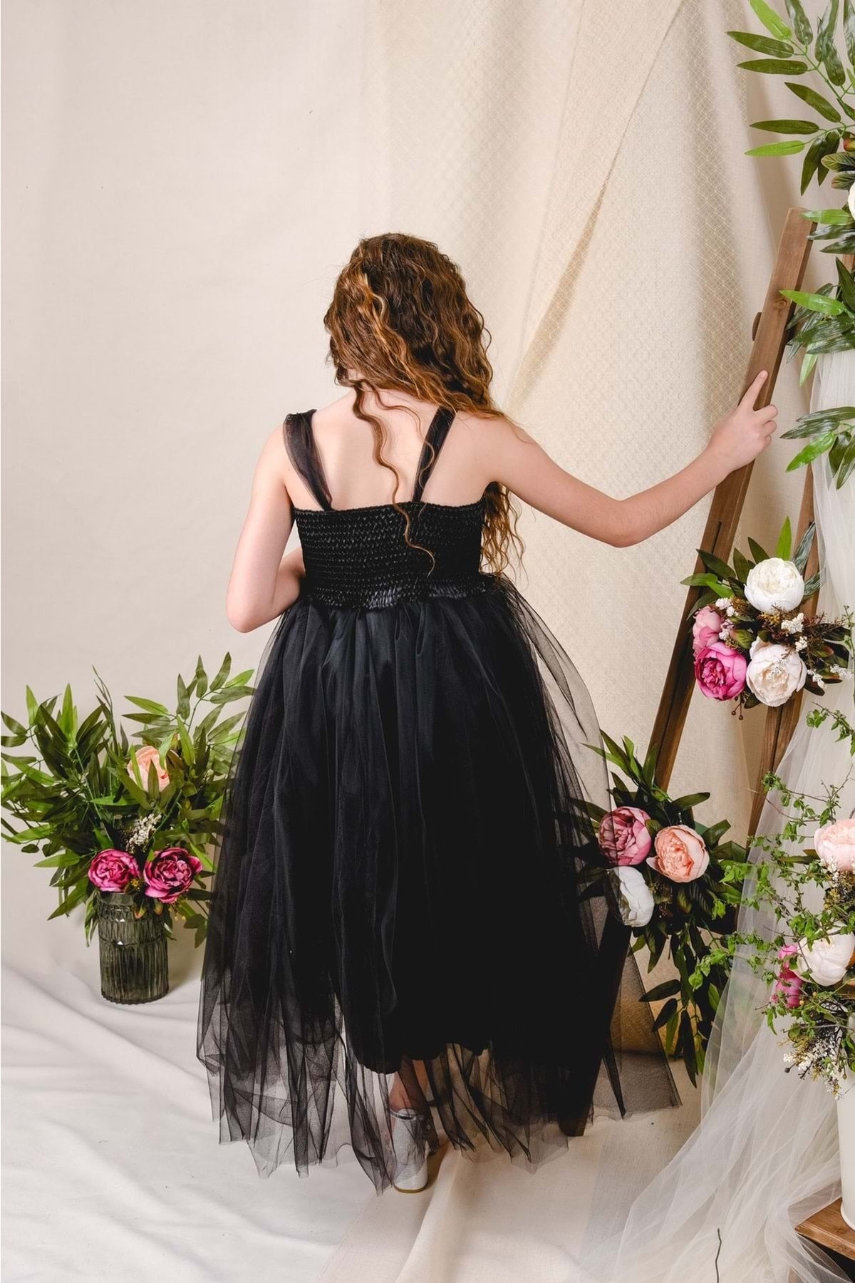 Girl's Satin Evening Dress with Back Gipe and Tulle Black