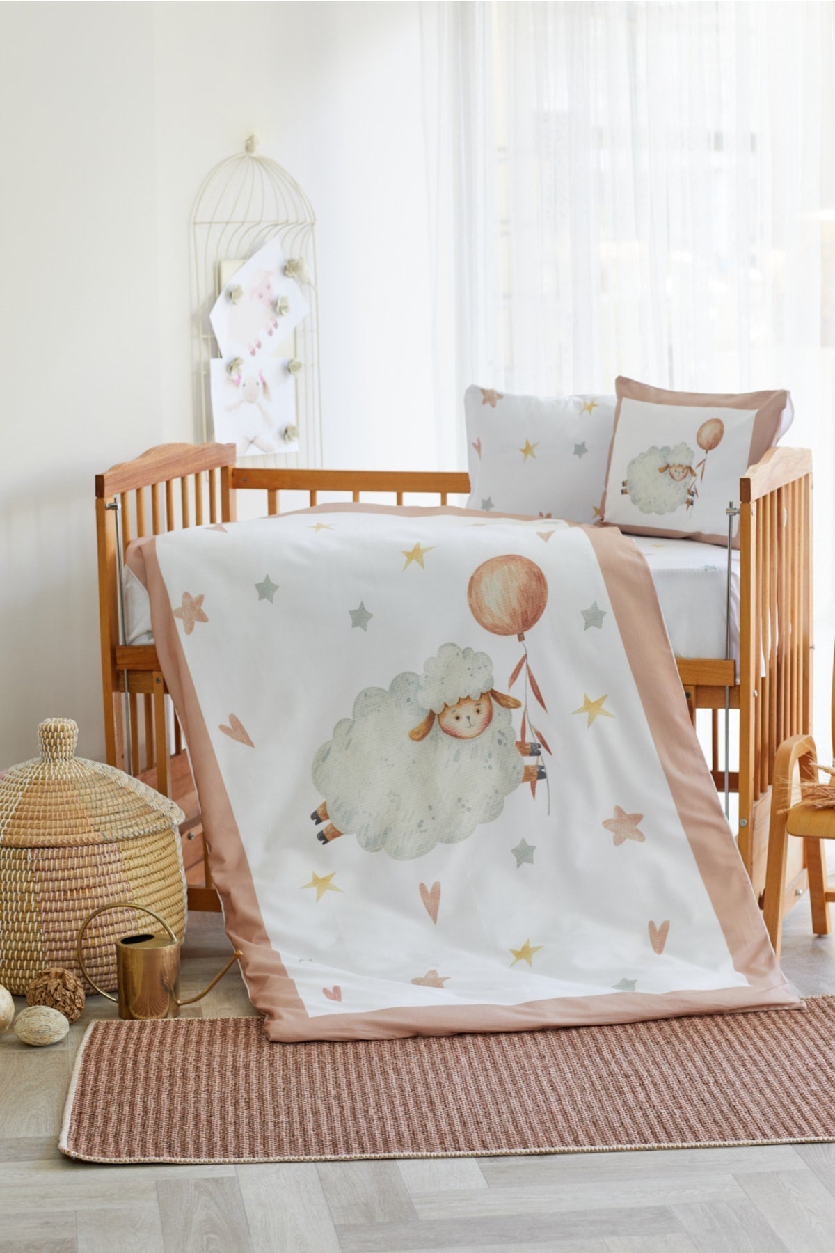 Organic Full Set Printed Cotton Satin Baby Duvet Cover Set - Pink Lamb Themed
