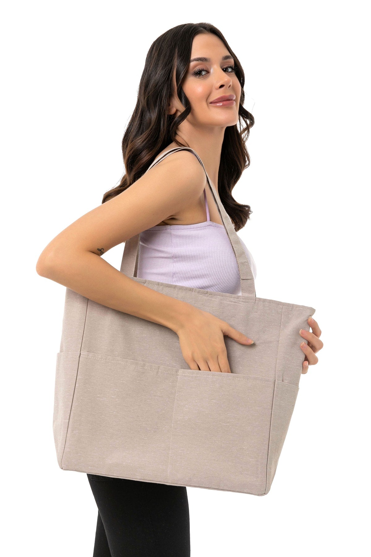 Arm Shoulder Bag, Canvas Tote Bag, tote, Zippered, Multi Pocket, Shopping Bag, Eco Friendly