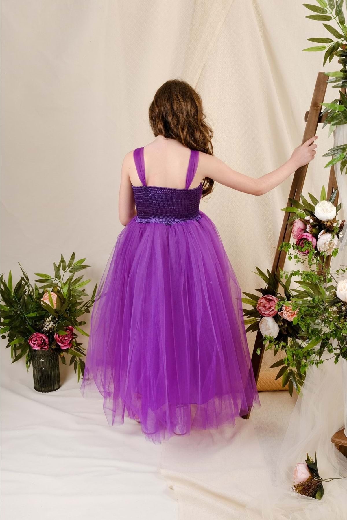 Girl's Satin Evening Dress with Back Gipe and Tulle Purple