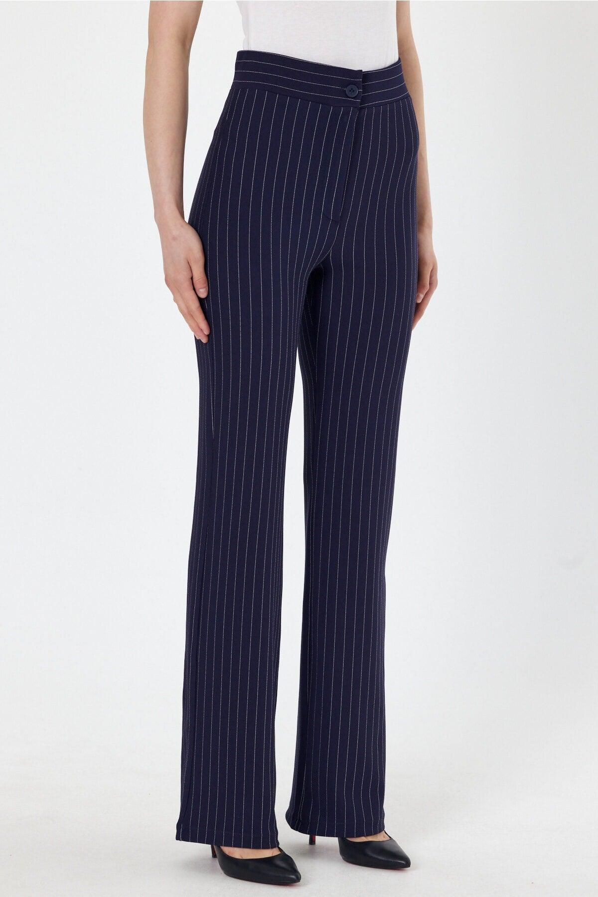 Women's Striped Navy Blue High Waist Gatherer Spanish Leg Palazzo Trousers - Swordslife