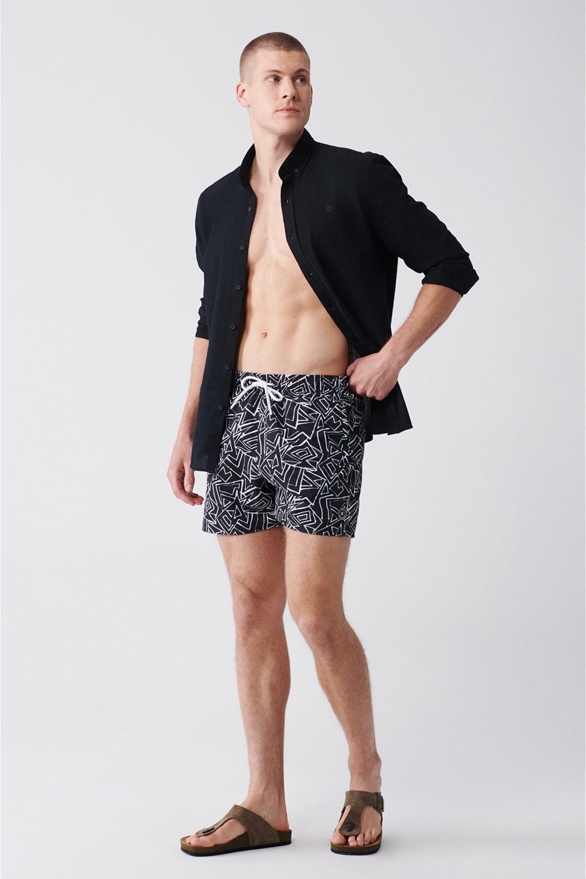 Men'S Black Quick Dry Printed Standard Size Swimwear Marine Shorts E003802