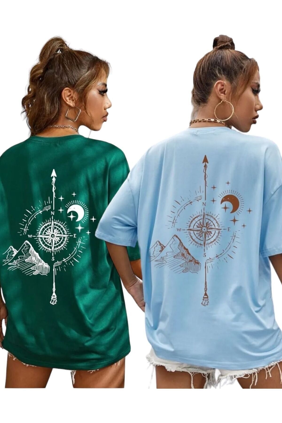 Übergroßes Unisex-T-Shirt mit Kompass-Aufdruck, 2er-Pack (2 Stück)