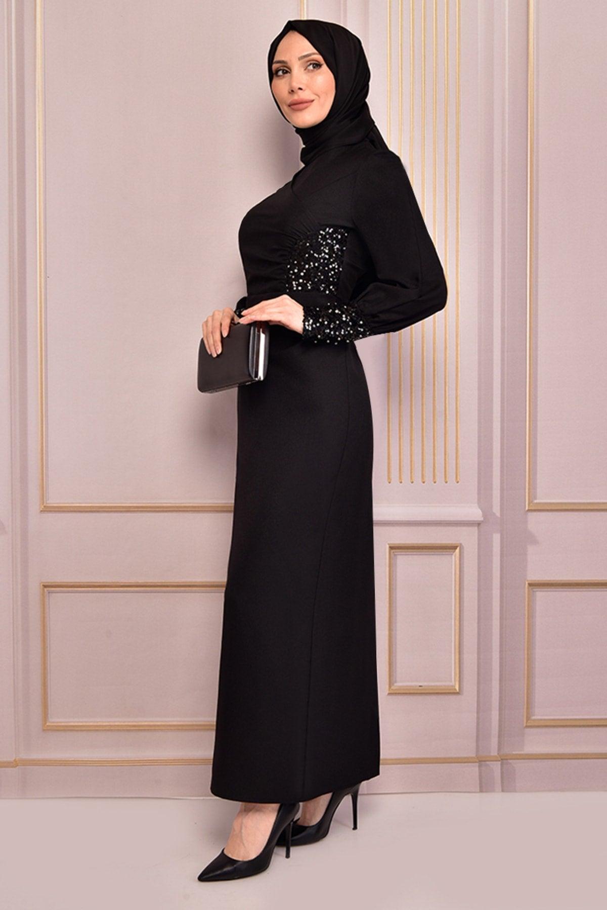 Pearl Detail Evening Dress Black Asm2553 - Swordslife