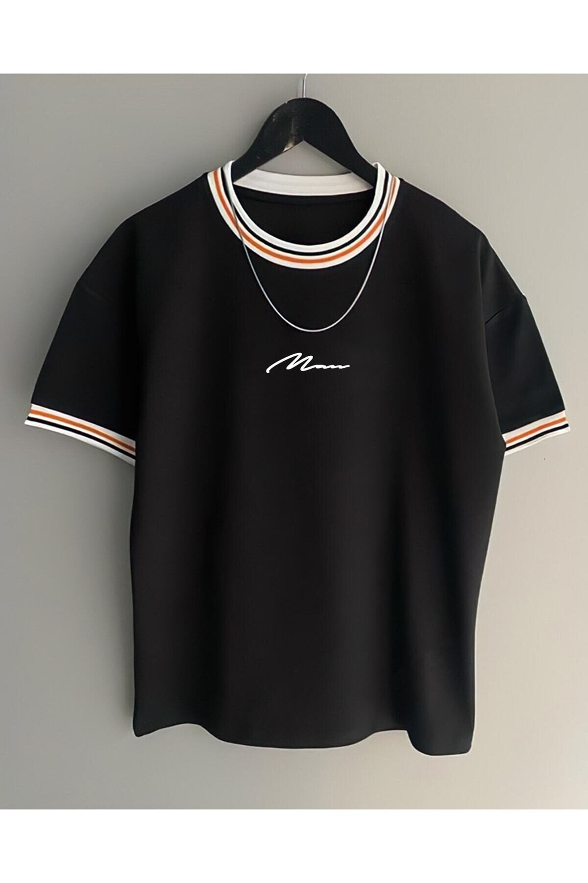 Men's New Season Oversize Man Hand Written Pattern Collar Detailed Summer T-shirt