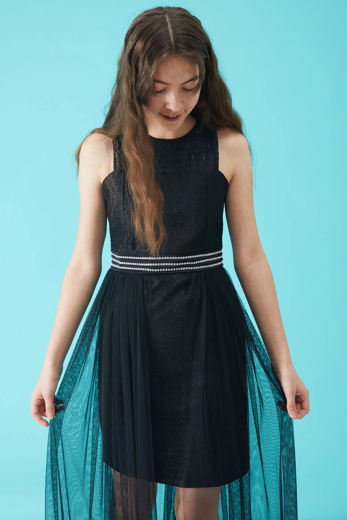 Girl'S Black Stone Detailed Tulle Evening Dress 15158