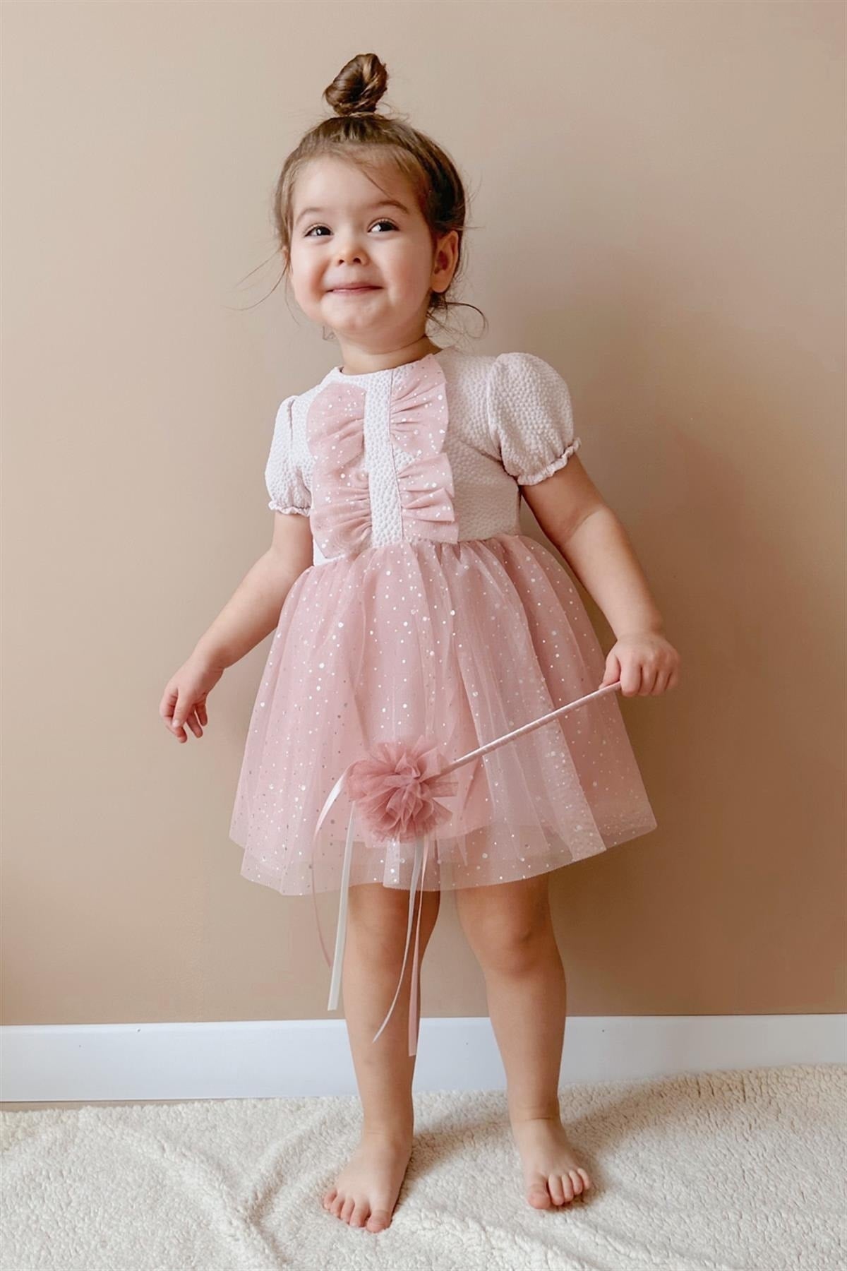 Powder Glittery Short Sleeve Tutu Skirt Girls Dress - Felicia
