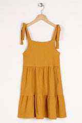 Girl Mustard Colored Strap Front Button Detailed Dress