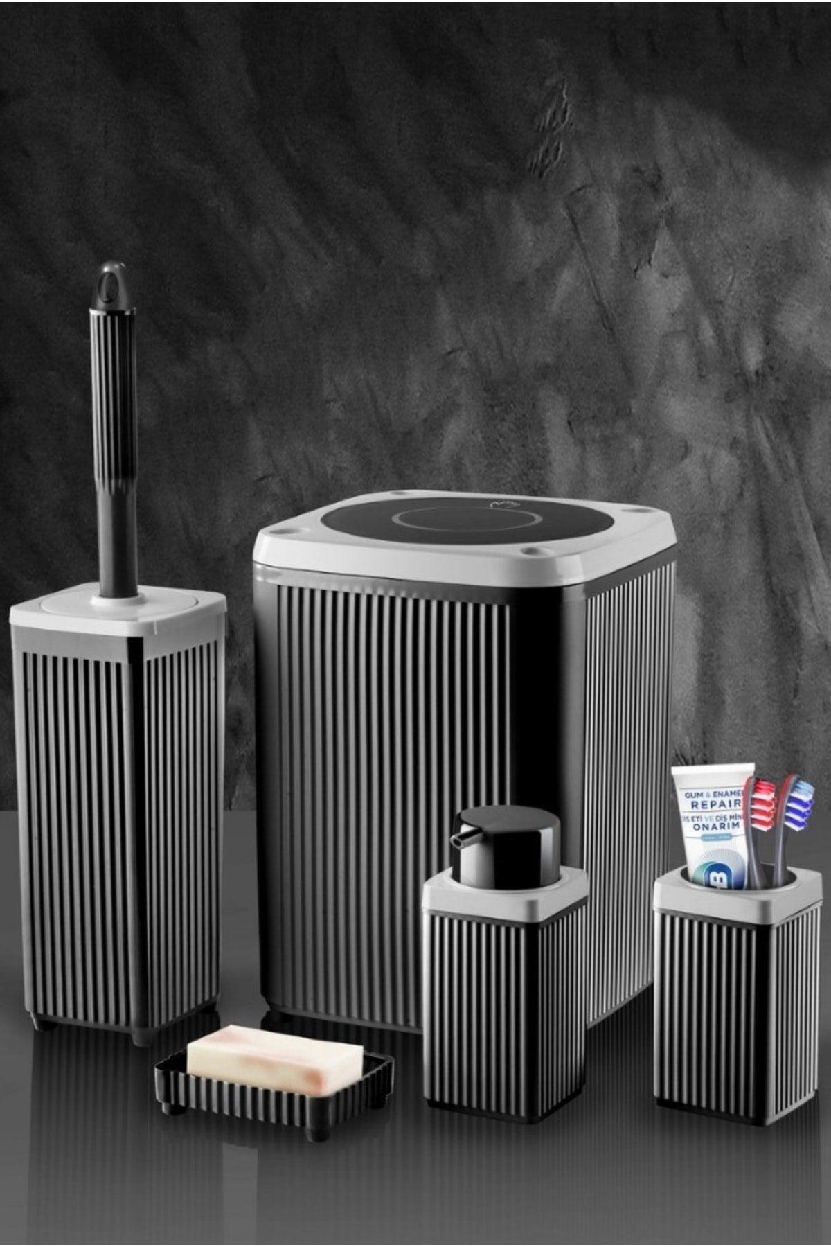 Trash Can Toilet Brush Liquid Soap Dispenser Toothbrush Holder Solid Soap Dispenser 5 Pieces Square Bathroom Set 5 Liters - Swordslife