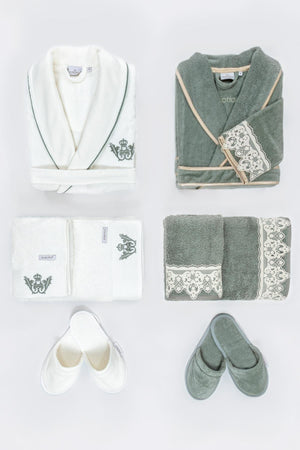 Azra Family Bathrobe Set 100% Organic Cotton Embroidered Green/cream - M/l - Swordslife