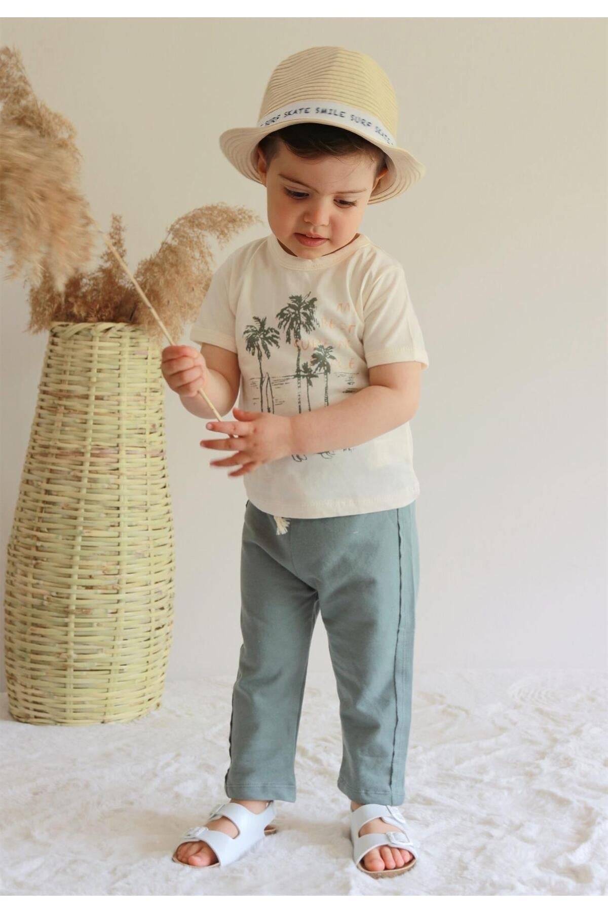 Palm Printed T-shirt Tracksuit Suit 1-6 Years Sand
