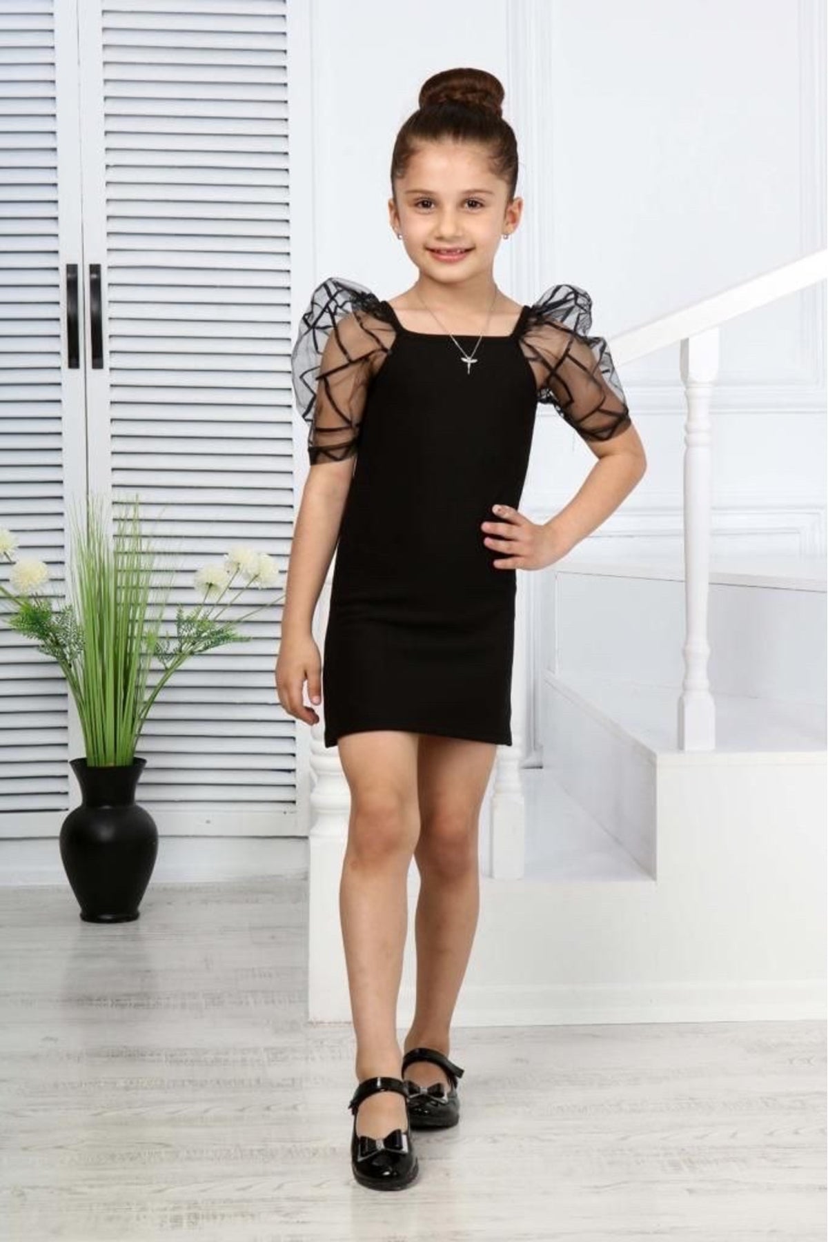 Girl's Black Dress With Sleeves Tulle Evening Dress 4-15 Years
