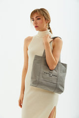 Gray U46 Snap Closure Front Pocket Detailed Tote Bag Embroidered Canvas Women's Arm And Shoulder Bag U:30 E:3