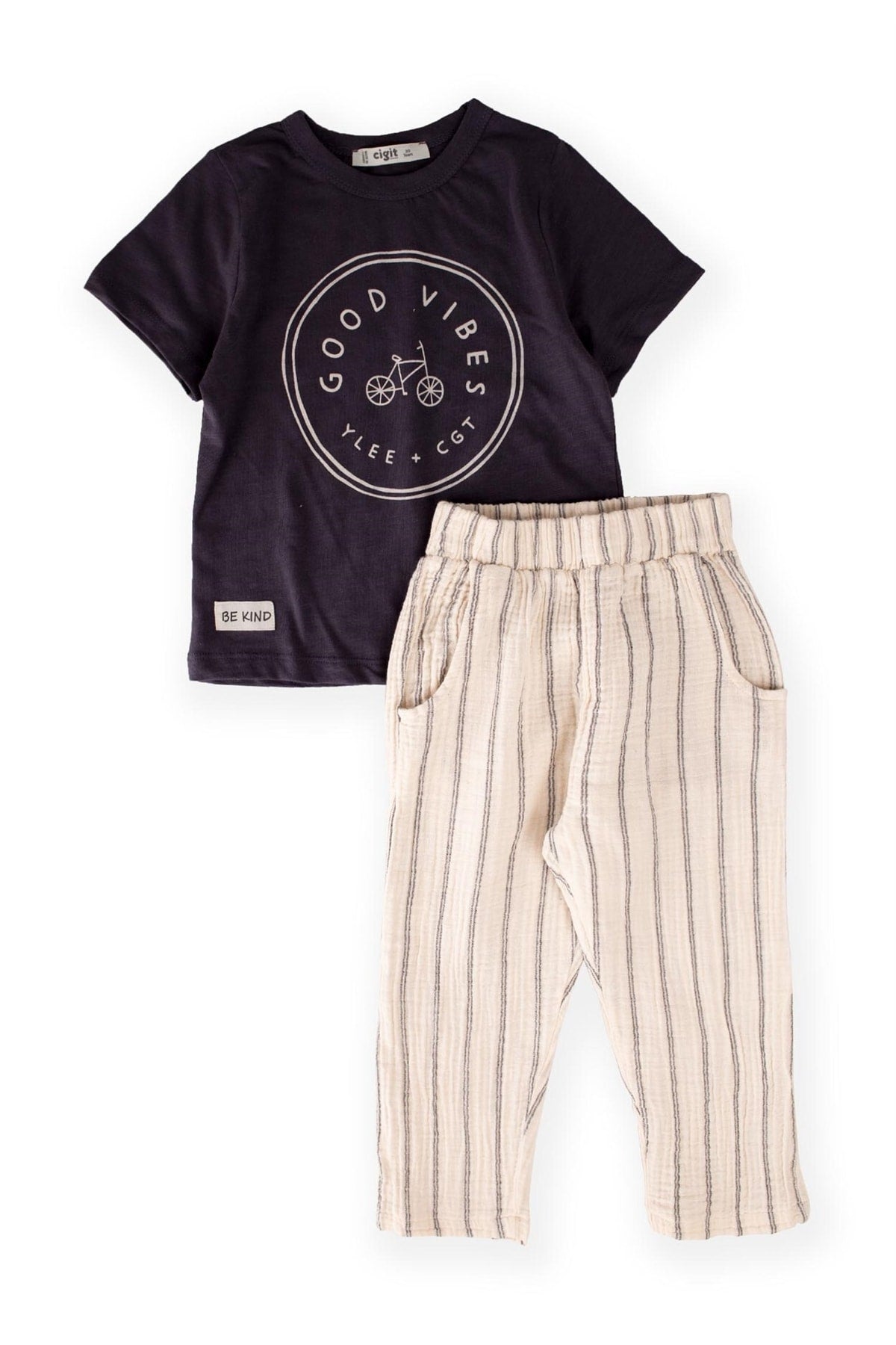 Bicycle Printed Striped Muslin Trousers Suit 2-7 Ages Black
