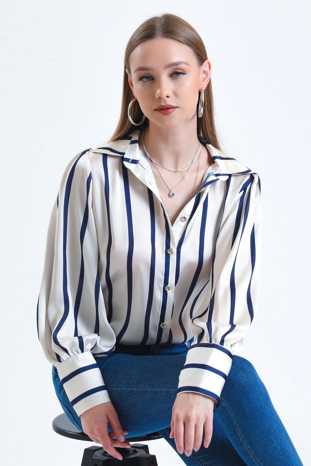 Women's Ecru Balloon Sleeve Ruffle Detailed Oversized Striped Satin Shirt - Swordslife