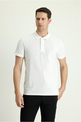 Men's White Polo Collar Slim Fit Embroidered T-Shirt